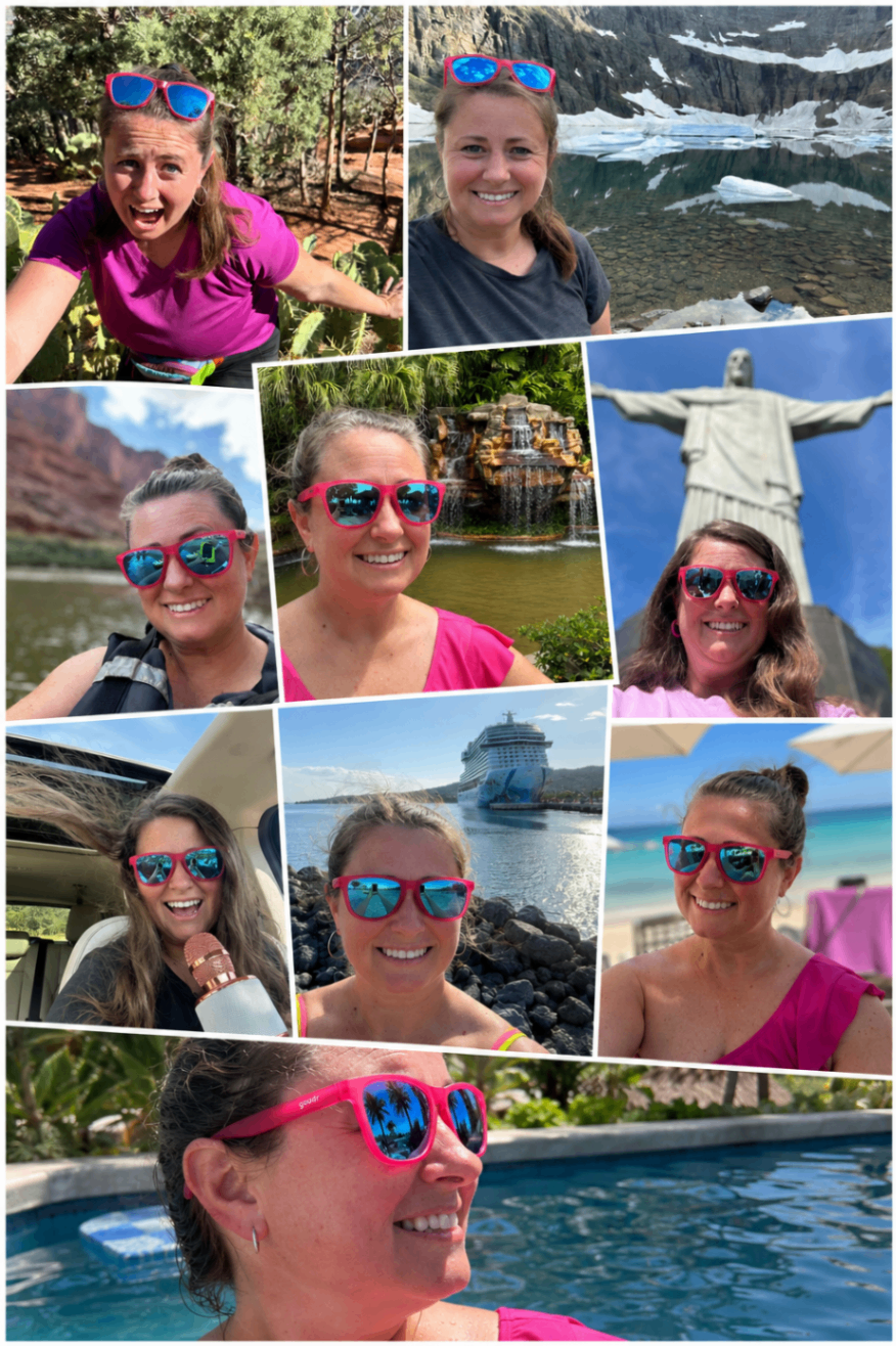 Lindsay wearing her Hot Pink Goodr sunglasses around the world